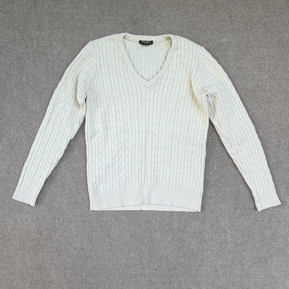 Eddie Bauer Womens Cream Cable Knit V-Neck Sweater Cotton Blend Size M Ivory